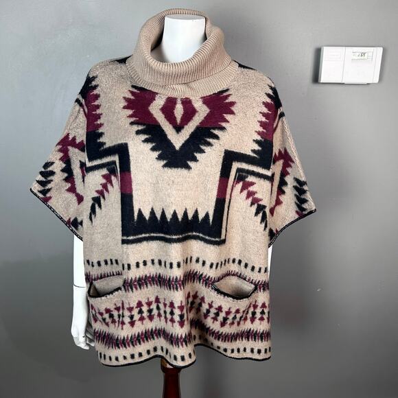 Lucky Brand sweater poncho one size aztec Vintage turtle neck‎ western wool - Picture 2 of 14